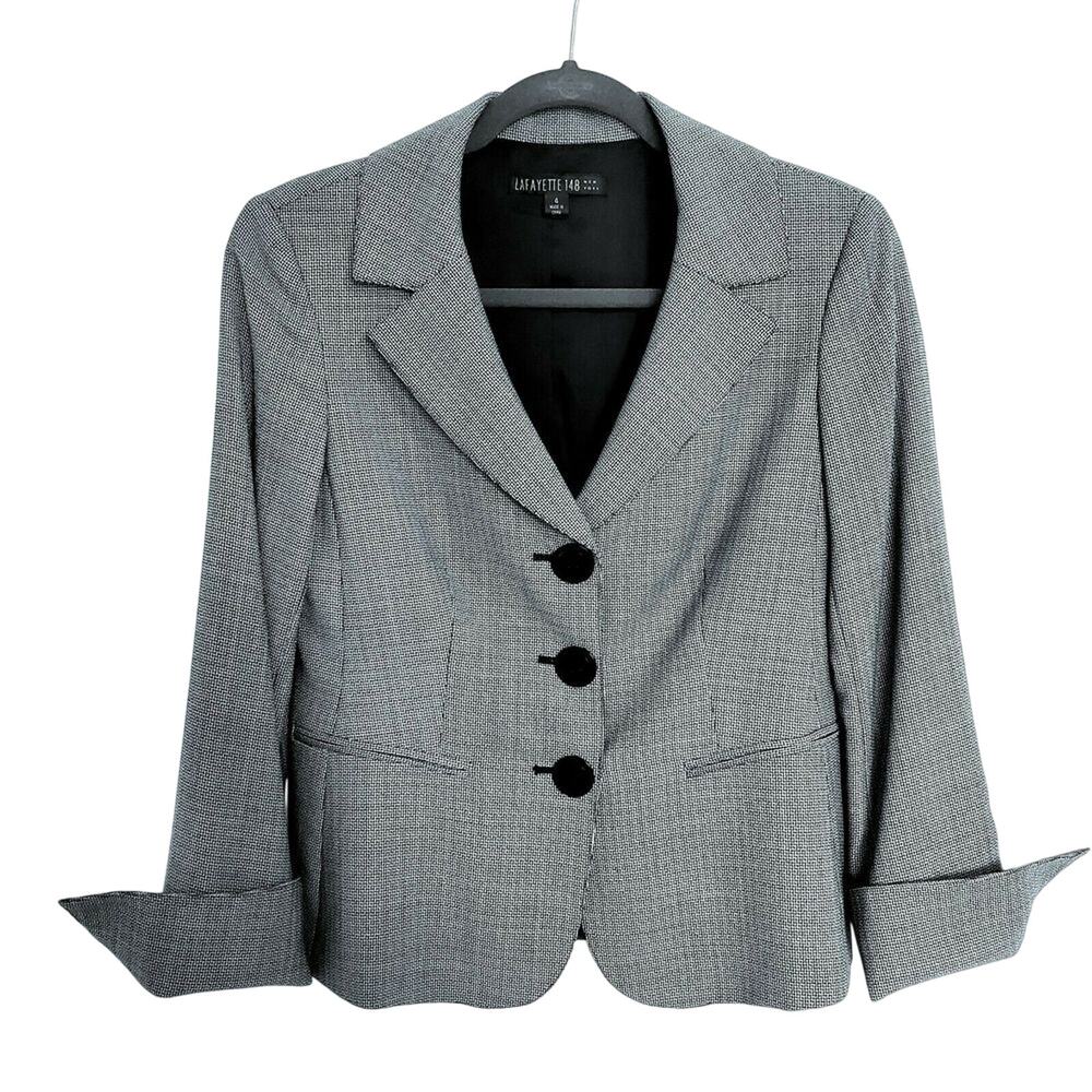 Lafayette 148 Light Wool Blazer Sz 4 Black White Houndstooth Career Professional